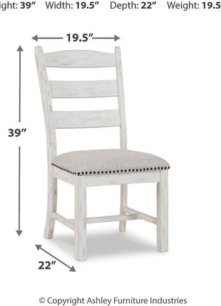 Valebeck Farmhouse Cushioned Dining Chairs, Set of 2, by Signature Design by Ashley, Featuring Nailhead Trim, Fabric Upholstery, Solid Wood Construction, 39" Seat Height, Whitewash Finish