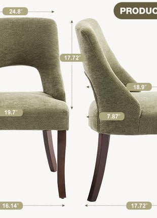 Set of 2 Mid-Century Modern Chenille Upholstered Dining Chairs with Solid Wood Legs in Green for Kitchen and Dining Room