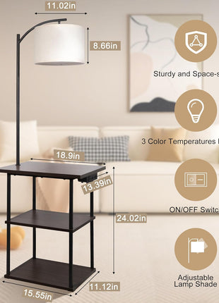Contemporary Floor Lamp with Built-in Charging Station and Shelving, 9W LED Bulb with Adjustable Color Temperatures, Perfect for Bedroom and Living Room