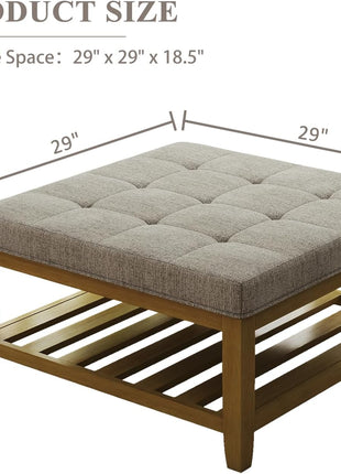 Large Square Ottoman Coffee Table with Solid Wood Shelf Storage and Upholstered Linen Footrest, Tufted Design for Living Room and Bedroom