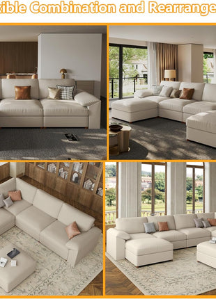 Oversized Modular Leather Sectional Sofa with Deep Seats - Extra Large U-Shaped Faux Leather Couch in Beige, Scratch Resistant and Modern Design