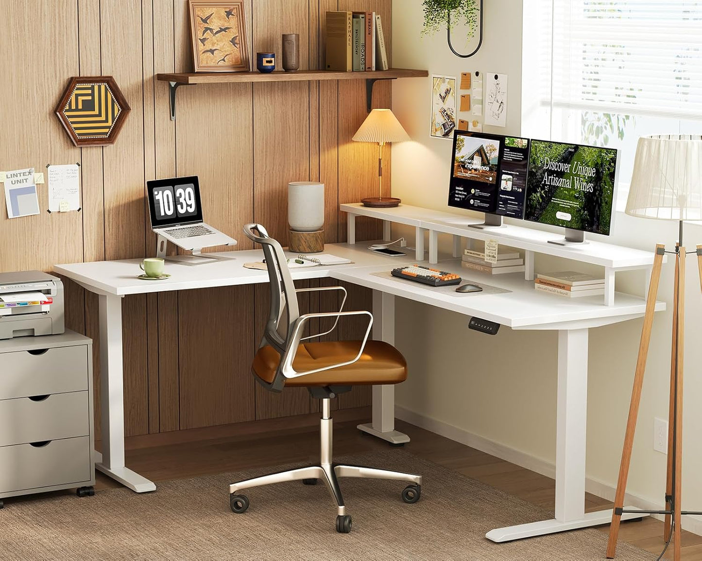 Electric L-Shaped Standing Desk, 59 Inch Height Adjustable Office Desk with Monitor Stand, Sit-Stand Desk with Power Outlets, Large Lift Table for Home, Office, Workstation, White