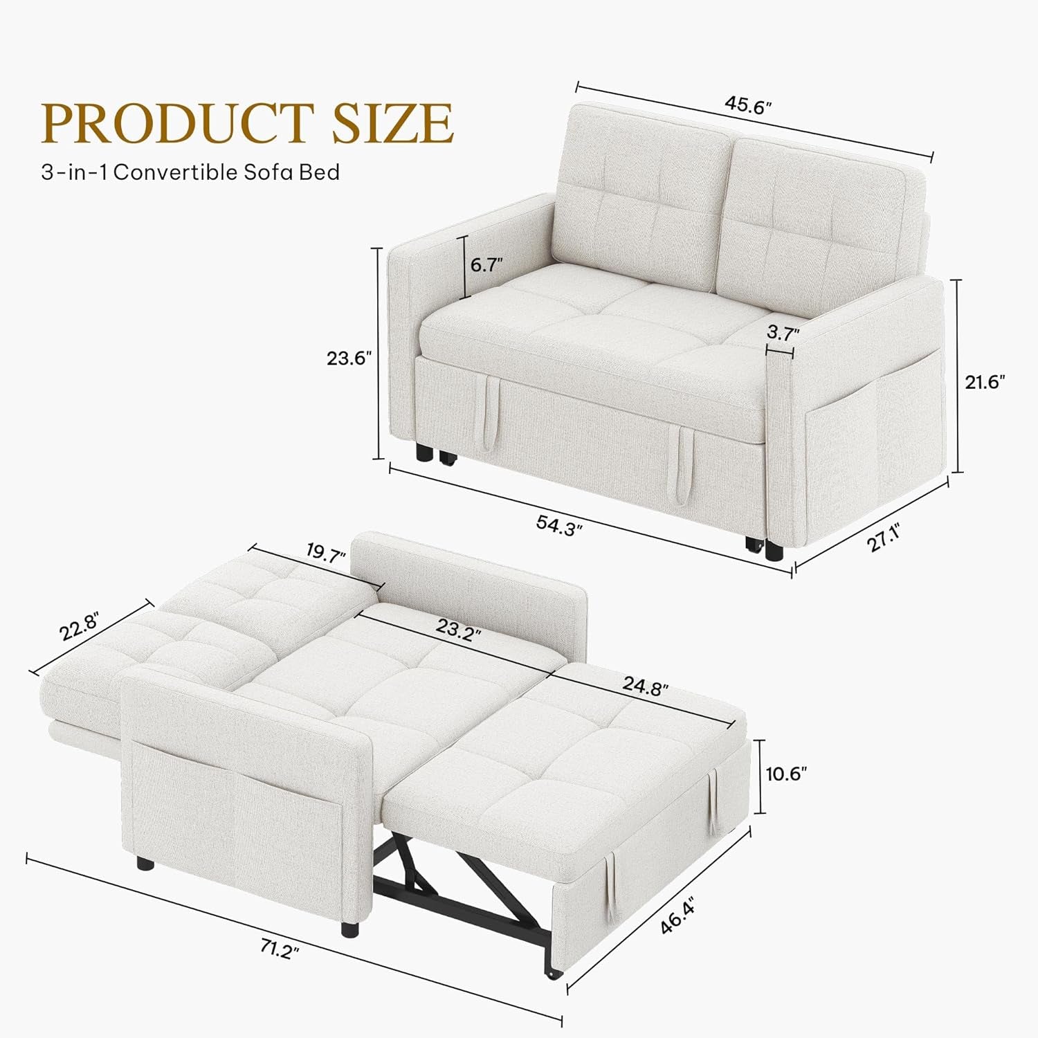 55" Convertible Sofa Bed, 3-In-1 Sleeper Sofa with Pull-Out Bed, Linen Futon Couch with Adjustable Backrest and Side Pocket, Modern Loveseat for Living Room Apartment, Light Beige