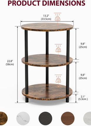 3-Tier Round Coffee Table - Industrial Vintage Accent Table for Living Room, Bedroom, or Compact Spaces in Rustic Brown Finish