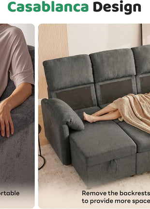 Versatile 83-Inch Pull-Out Sleeper Sofa with USB Charging and Storage Chaise - Stylish Convertible Couch for Compact Living Spaces - Dark Gray