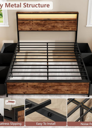 Queen Bed Frame with Headboard and 6 Drawers, Metal Platform Design with Charging Station, LED Lighting, and Two-Tier Shelf Storage - No Box Spring Required, Noise-Free, Rustic Brown Finish