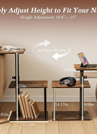 360° Swivel C-Shaped Side Table with Adjustable Height and Storage, 3-Tier Nightstand with Open Shelf for Compact Spaces, Rustic Brown Finish