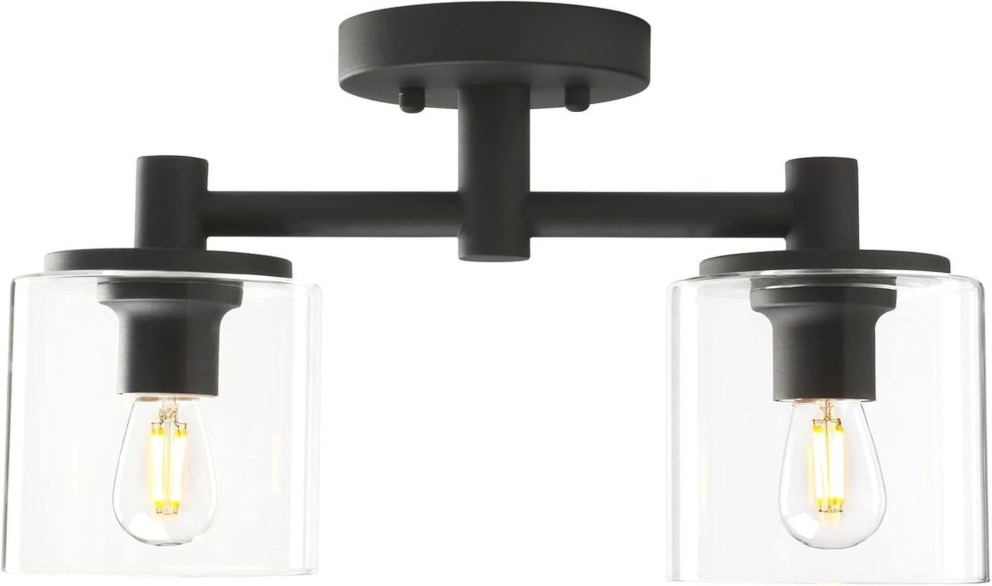 2-Light Semi Flush Mount Ceiling Light, Industrial Pendant Lighting Fixture with Glass Shade, Ceiling Chandelier Lamp for Hallway Loft Kitchen Bar