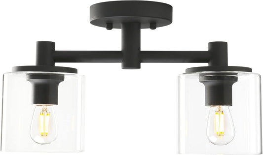 2-Light Semi Flush Mount Ceiling Light, Industrial Pendant Lighting Fixture with Glass Shade, Ceiling Chandelier Lamp for Hallway Loft Kitchen Bar