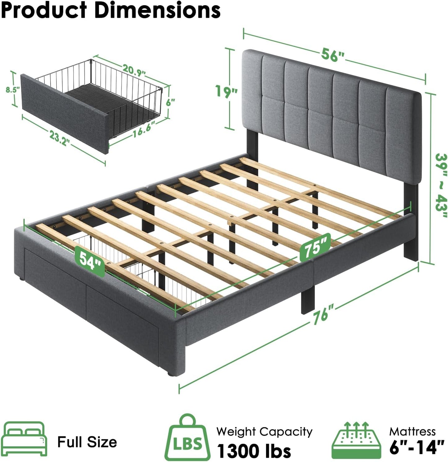 Full Bed Frame with 2 Storage Drawers, Sturdy & Durable with 12 Support Legs, 1300 Lbs Capacity, Solid Wooden Upholstered Adjustable Headboard for 6″–12″ Mattresses, Easy Assembly, Dark Gray