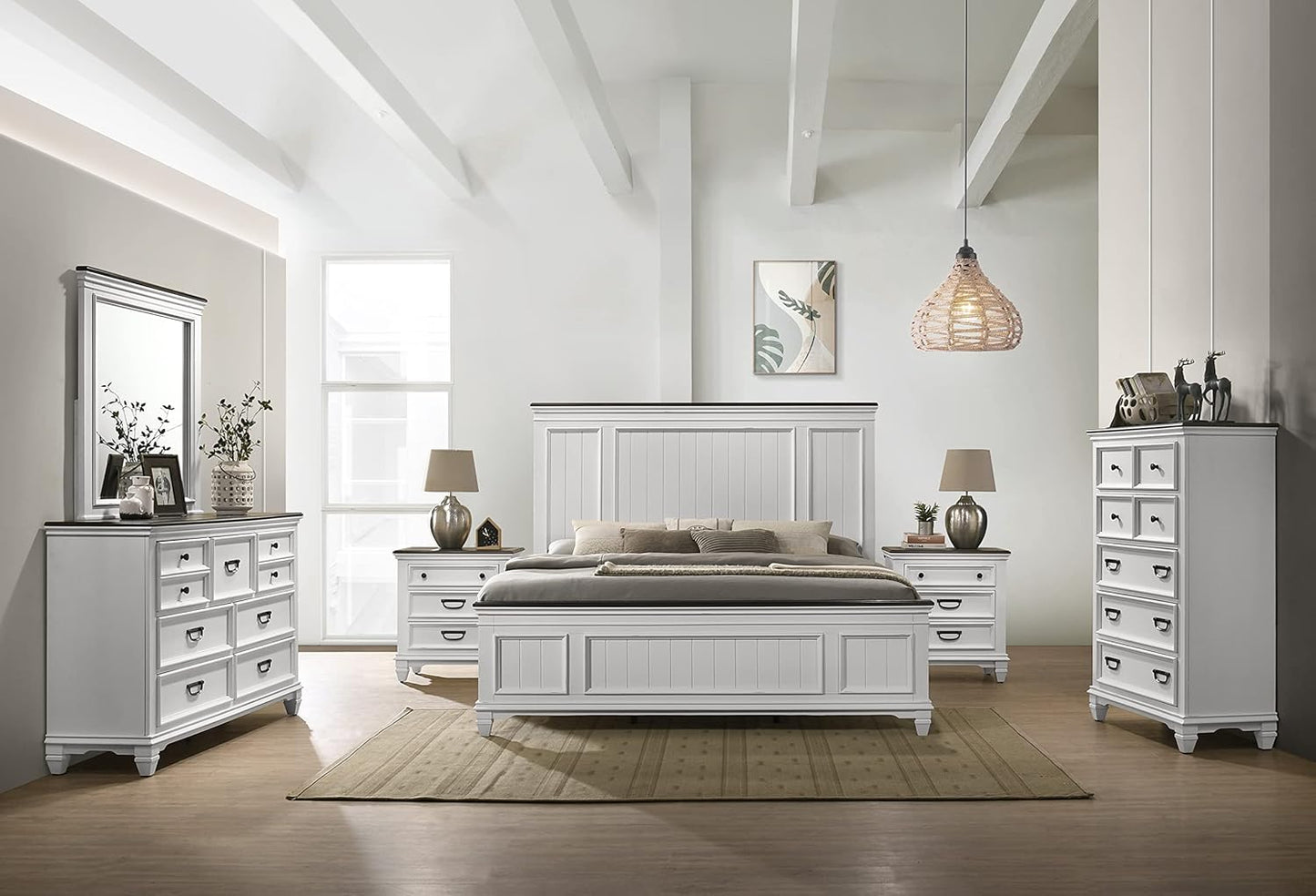 Clelane Wood Bedroom Set with Shiplap Panel King Bed, Dresser, Mirror, Two Nightstands, and Chest in Weathered White and Dark Gray