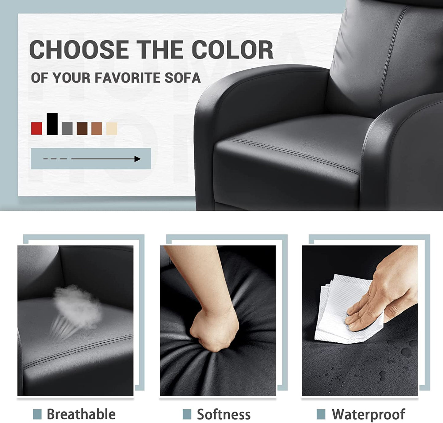 Modern Recliner Chair Padded Seat Pu Leather for Living Room Single Sofa Recliner Seat Club Chair Home Theater Seating (Black)