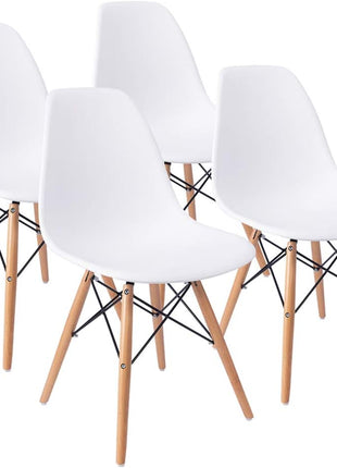 Set of 4 Mid-Century Modern DSW Dining Chairs - White Shell Plastic Lounge Chairs for Kitchen, Dining, Bedroom, and Living Room