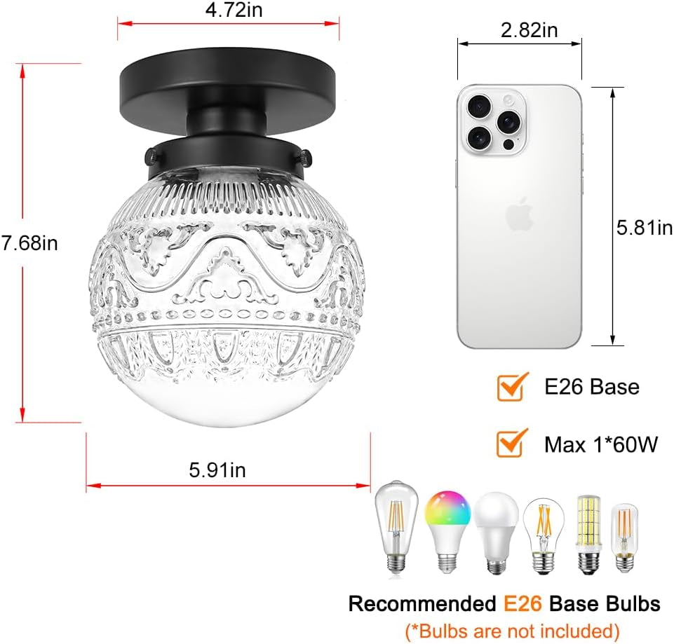 Semi Flush Mount Ceiling Light Fixtures, Vintage Globe Glass Ceiling Light Fixture, Antique Small Black Hallway Light Fixtures for Bedroom, Closet, Entryway, Bathroom, Kitchen