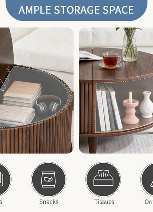 Mid-Century Modern Round Coffee Table with Storage - 31.69" Fluted Center Table for Living Room, Rustic Wood 2-Tier Design with Sliding Cabinet Door, Brown