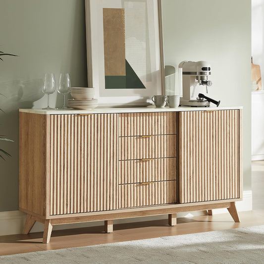 Fluted Buffet Cabinet, 60" Modern Sideboard with Sliding Doors & 4 Drawers, Coffee Bar Table with Storage, Faux Marble Top and Curved Profile Design for Dining Room, Living Room, Natural Oak