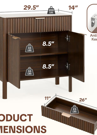 Fluted Walnut Buffet Cabinet - Modern Sideboard with Storage, Doors & Drawer for Living Room, Kitchen, Dining Room, and Entryway, Easy Assembly, 31