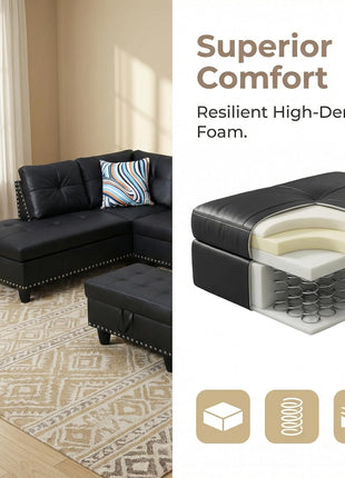 Chic Leather L-Shaped Couch Set with Stylish Sectional Design and Movable Chaise for Modern Living Spaces