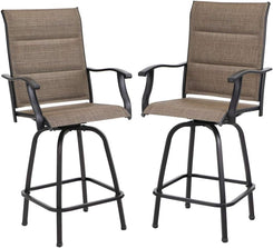 Outdoor Swivel Bar Stools Set of 2, High Top Patio Chairs with Padded Textilene Seating, All-Weather Bar Height Furniture for Kitchen or Outside, Padded Brown Textilene