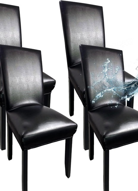 Set of 4 Waterproof Leather Dining Chair Covers, Super Stretch and Washable, Thickened Slipcovers for Kitchen, Dining, and Banquet Use in Black