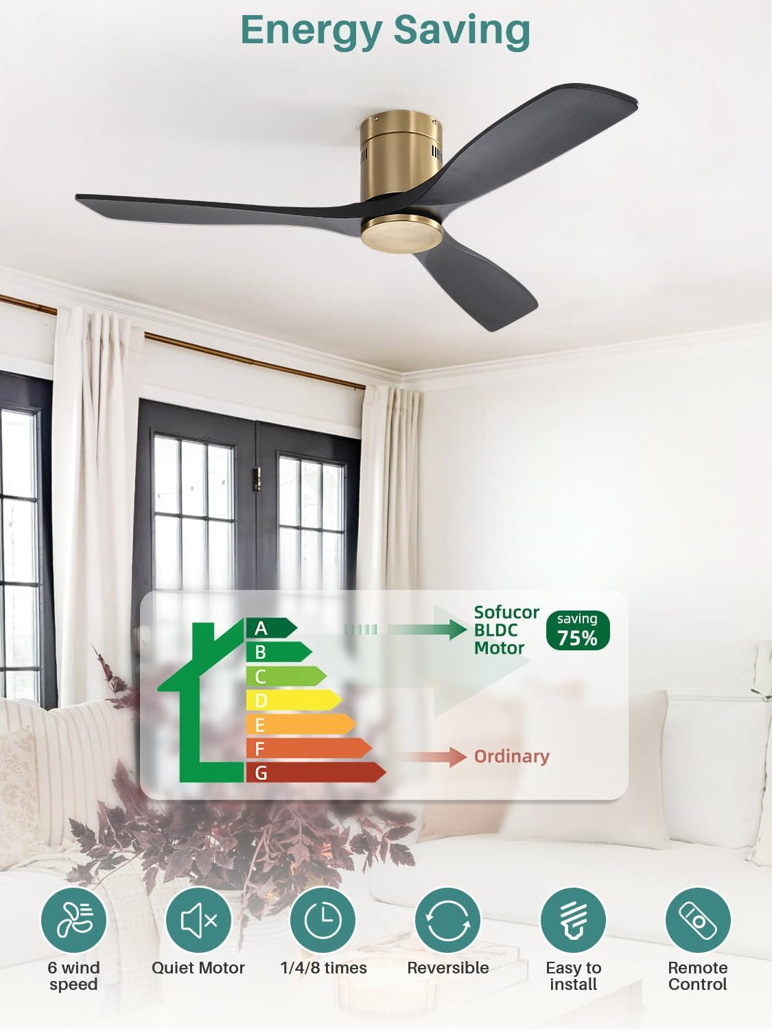 52 Inch Solid Wood Ceiling Fan without Lights Flush Mount Ceiling Fans with Remote Control-Wood Blades Modern Outdoor Ceiling Fan No Light for Bedroom/Farmhouse/Patio/Indoor, Black Gold