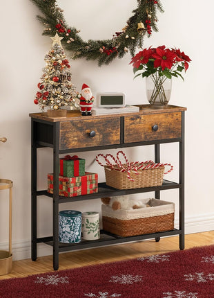 29.5" Narrow Console Table with Dual Fabric Drawers and Three-Tier Storage Shelves, Perfect for Living Room and Hallway, Rustic Brown and Black Finish