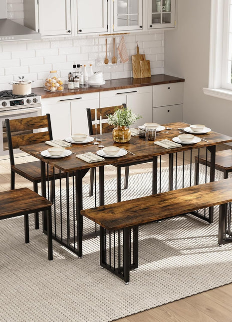 6-Piece Rustic Brown Dining Set for 6-8, 63-Inch Rectangular Kitchen Table with 4 Chairs and 2 Benches, Space-Saving Farmhouse Design for Apartments