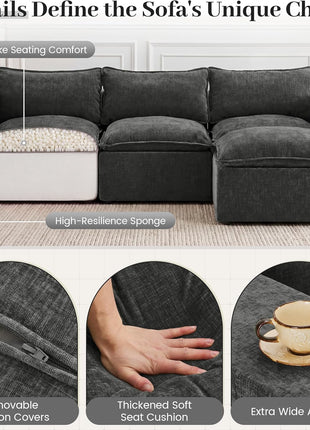 Stylish 101" Modular Cloud Sofa with Ottoman - L-Shaped Boneless Sectional Couch for Living Room, No Assembly Required, Dark Grey
