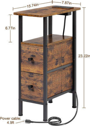 Narrow Nightstand Set with Charging Station - Pair of Slim End Tables for Living Room and Bedroom, Rustic Brown Finish with Fabric Drawers, Perfect for Compact Spaces