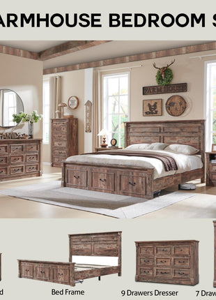 Farmhouse King Size Bed Frame with 51-Inch Tall Headboard, Wood Platform Design Featuring 20-Inch Roman Column Footboard and Three Spacious Storage Drawers, No Box Spring Required (Light Brown)