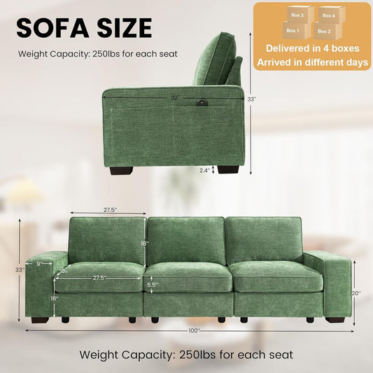 100" Modular Sofa with Seats Storage, Comfy 3-Seater Chenille Fabric Couch for Living Room, Office, Apart W/Deep Seat, USB Charging, Upholstered Couch with Removable Cover(Green)