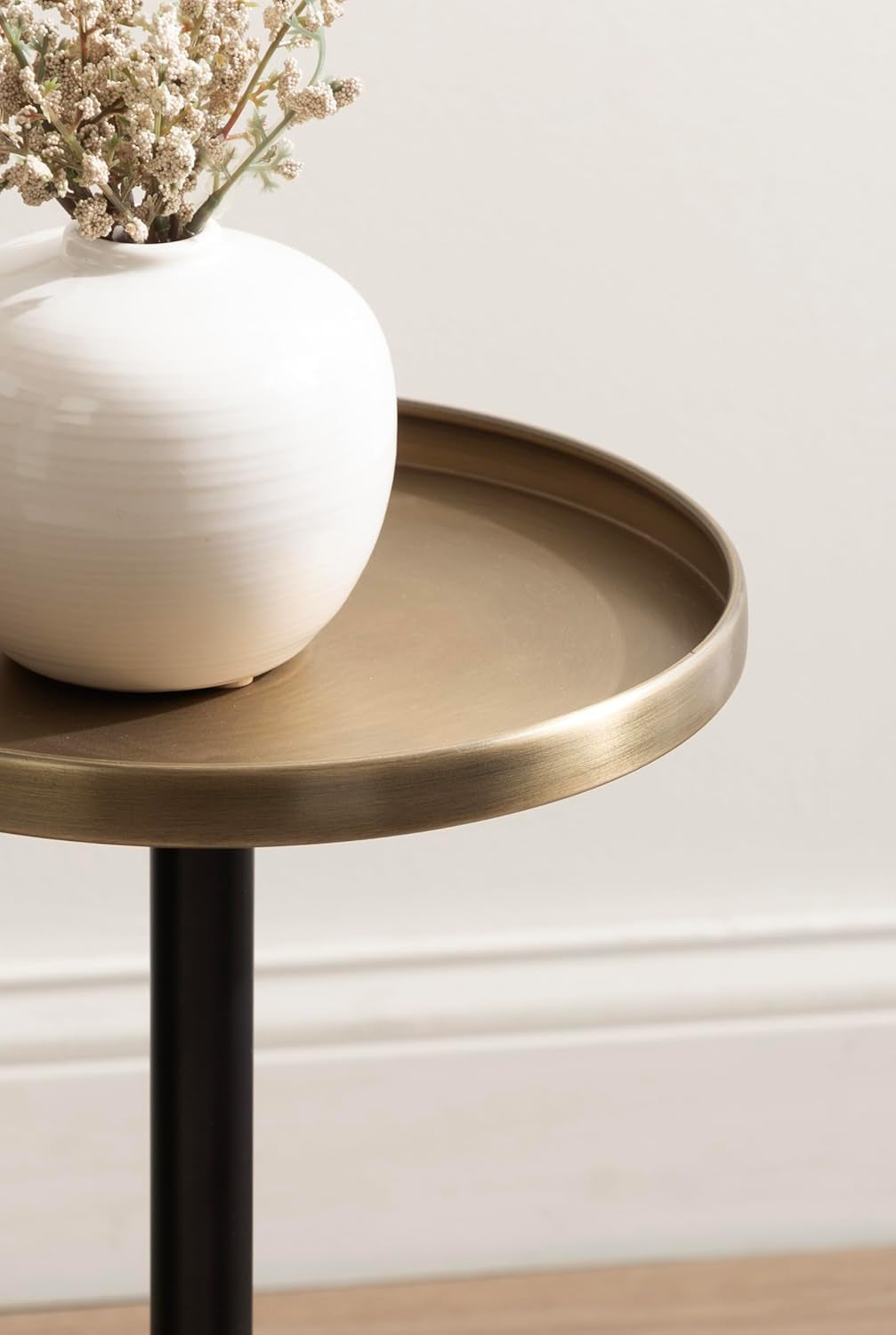 Tira Elegant round Drink Table, 10 X 22, Antique Brass and Black, Vintage Glam Circle Martini Table for Use as a Small Bedroom Nightstand or Living Room Plant Stand Option