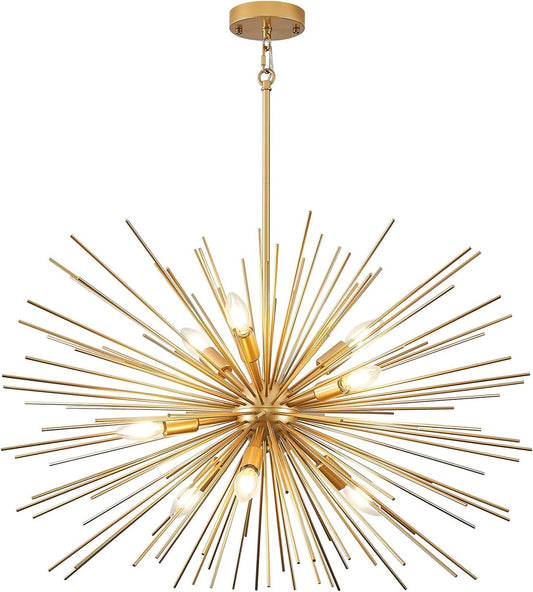 32In Gold Sputnik Chandelier Solid Metal Starburst Chandelier Light Fixture 9-Light Mid-Century Modern Satellite Light Fixture for Living Room Dining Room Foyer Study Room Bathroom,E12