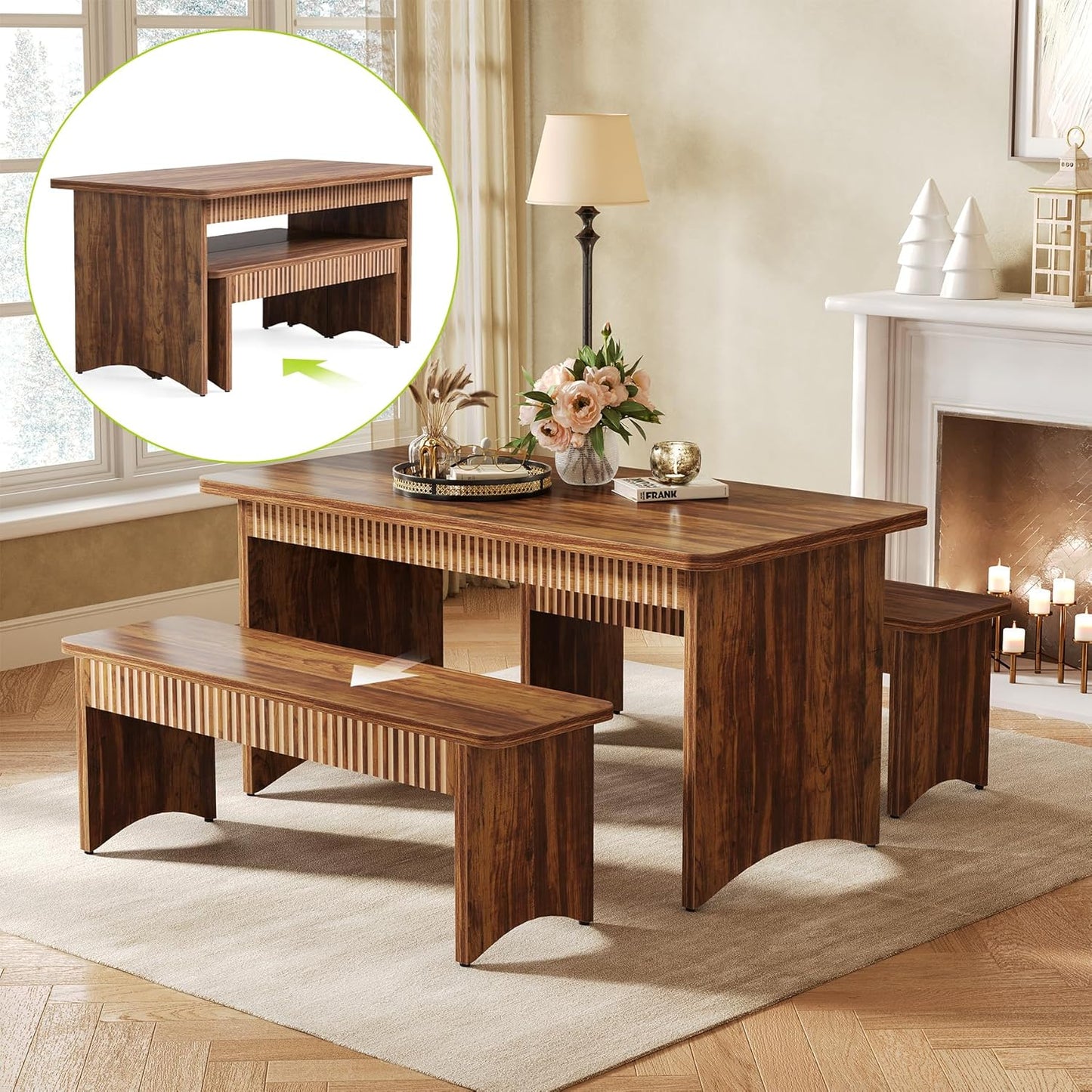 55" Dining Table with 2 Benches, Dining Table Set for 4-6 People, Farmhouse Kitchen Table with Bench, Dining Room Table Set