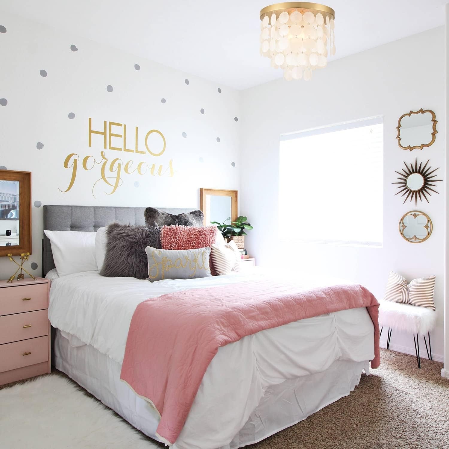 13.8" Capiz Shell Ceiling Light,Brushed Brass Finish, 3 Light Flush Mount Light for Bedroom, Hallway, Entryway ETL Listed, AL2608-S3