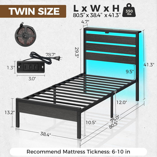 Bed Frame Twin Size with USB Charging Station, LED Bed Frame with Wood Storage Headboard, Black Metal Platform Bed with under Bed Storage, No Box Spring Needed, Noise Free