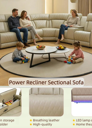 Luxury Leather Power Reclining Sectional Sofa Set with LED Lighting, USB Ports, and Storage Solutions for Modern Living Rooms and Home Theaters