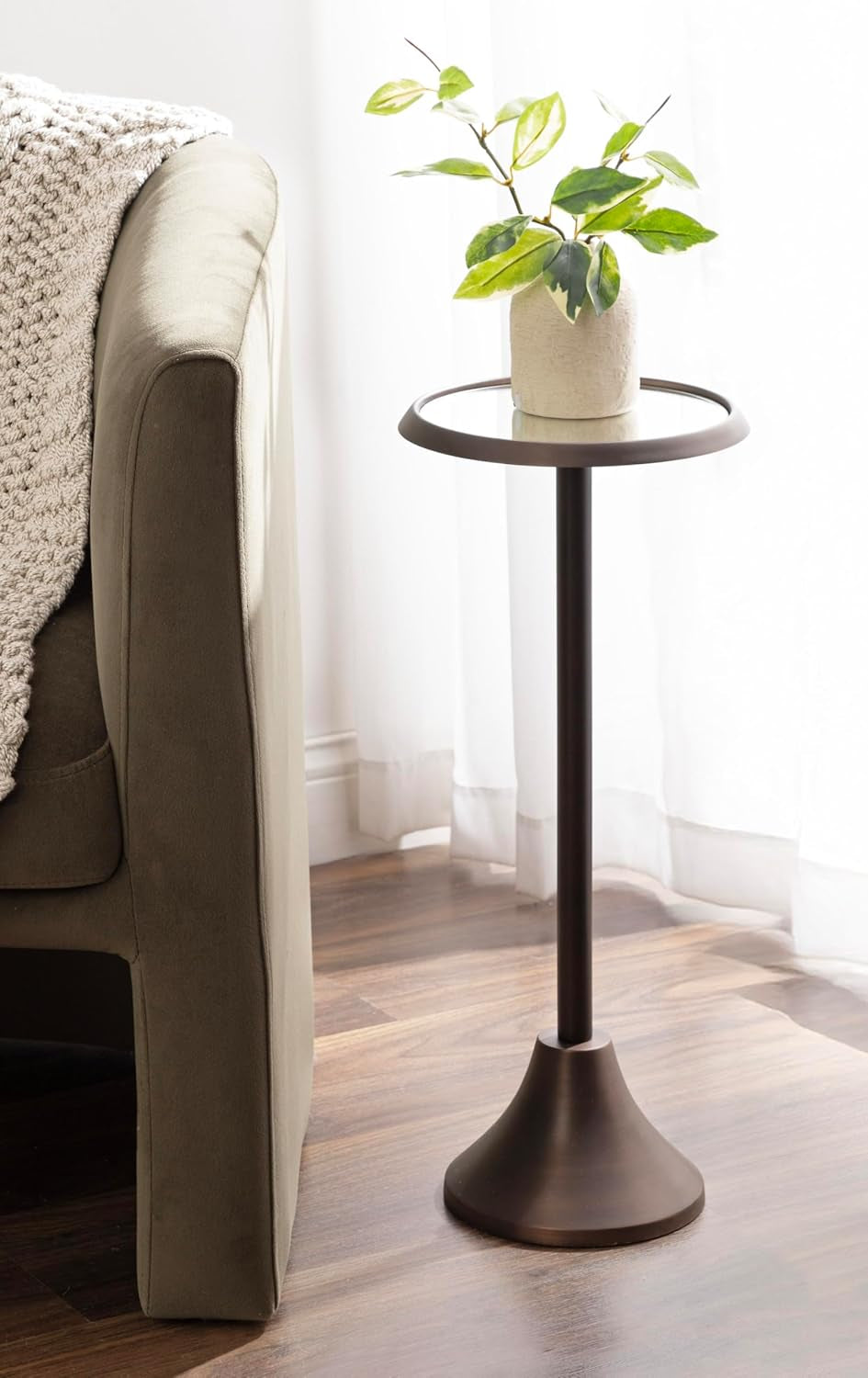 Sanzo Modern Pedestal Drink Table; 10 X 10 X 23; Antique Bronze; Decorative End Table with Mirrored Tabletop for Use as Small Plant Stand or Cute Martini Table