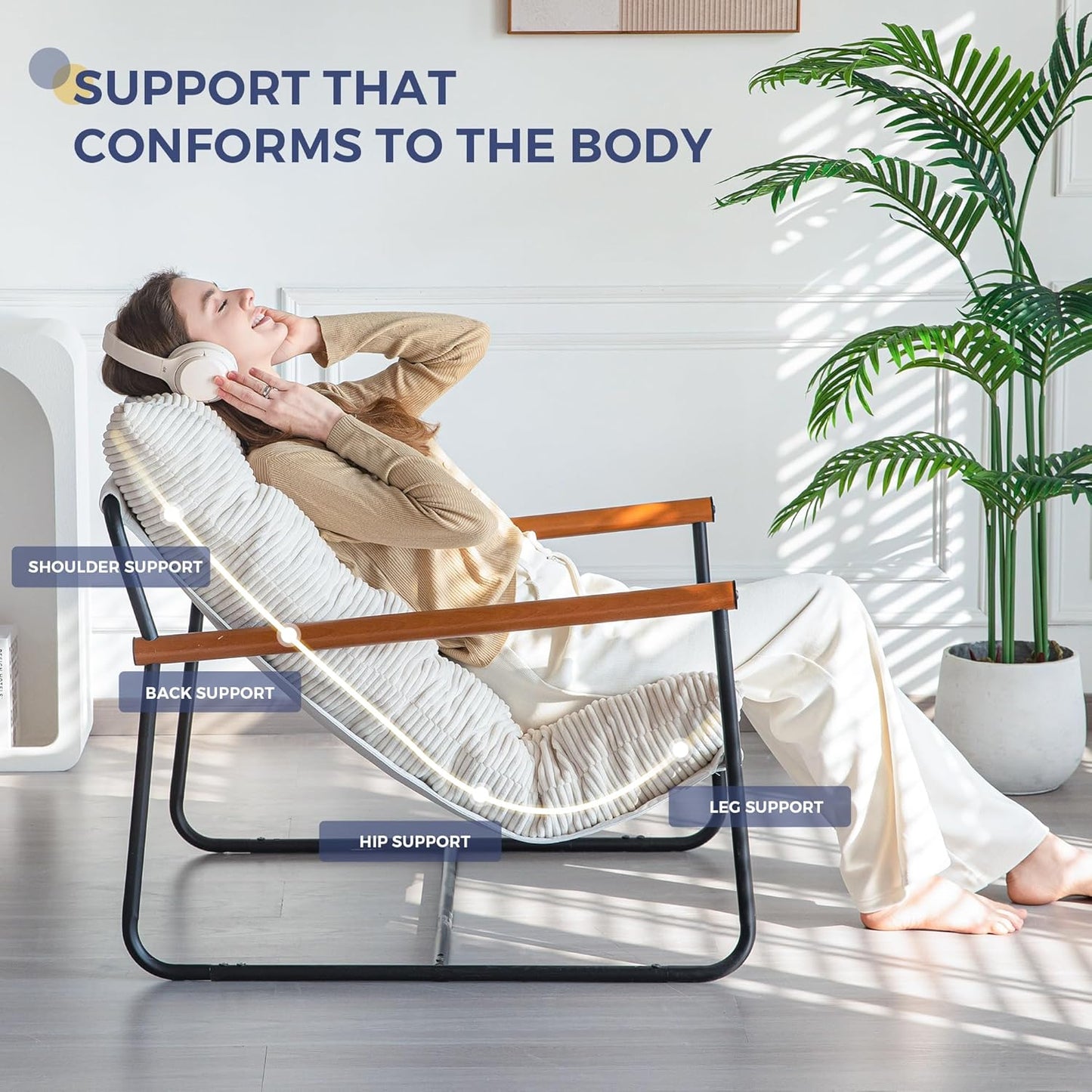 Modern Accent Chair, Comfy Living Room Chair with Metal Frame Wooden Armrest, Upholstered Armchair with Soft Cushion for Bedroom Balcony Lounge Reading Room, Beige