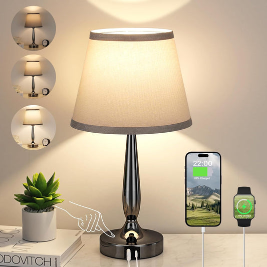 Touch Table Lamp for Bedroom, Small Bedside Lamp with USB C Charging Port, 3 Way Dimmable Touch Control Nightstand Lamp for Living Room and Office, LED Bulb Included