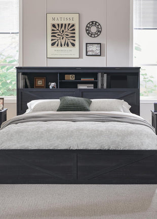 Farmhouse King Size Bed Frame with 52-Inch High Storage Bookcase Headboard, Four Drawers, LED Lighting, and Charging Station in Black