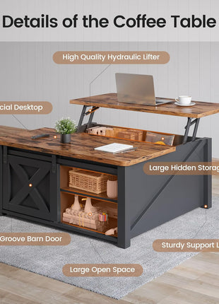31.5" Lift-Top Coffee Table with Storage Solutions, Square Farmhouse Design with Spacious Hidden Compartment and Adjustable Shelves, Black Finish