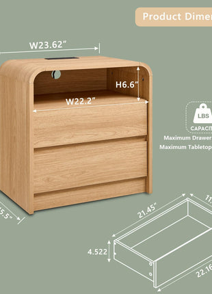 25-Inch Tall Modern Nightstand with Integrated Charging Station, 23.6-Inch Wide Wooden Bedside Table Featuring Two Storage Drawers, Spacious Mid-Century End Table for Bedroom and Living Room with Curved Profile Design in Natural Oak
