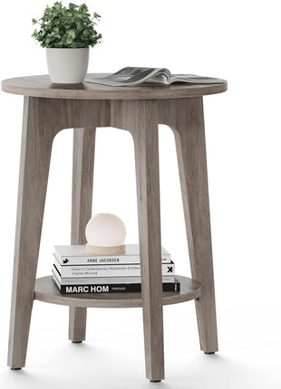 MAEZO 2-Tier Round Side Table with Tapered Legs and Curved Transitions, Perfect for Compact Living Spaces, Heather Greige