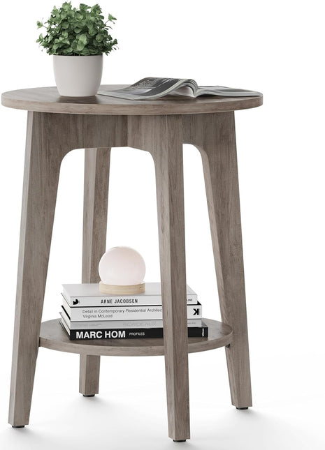 MAEZO 2-Tier Round Side Table with Tapered Legs and Curved Transitions, Perfect for Compact Living Spaces, Heather Greige