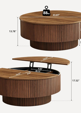 33-Inch Round Coffee Table with Lift-Top and Flip-Top Storage, Modern Fluted Design, Metal Frame, Wooden Center Table for Living Room, Small Spaces, Apartments, and Offices (Walnut)