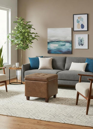 Square Tufted Storage Ottoman in Distressed Brown Faux Leather with Compact Design