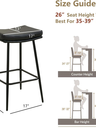 Set of 3 Contemporary 26-Inch Black Leather Backless Saddle Bar Stools with Dual-Layer Cushion and Metal Legs for Kitchen Counter and Dining Room