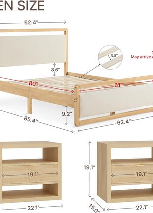 3-Piece Bedroom Furniture Set: Wooden Bed Frame with Upholstered Headboard and Two Storage Nightstands, Farmhouse Style Mattress Foundation