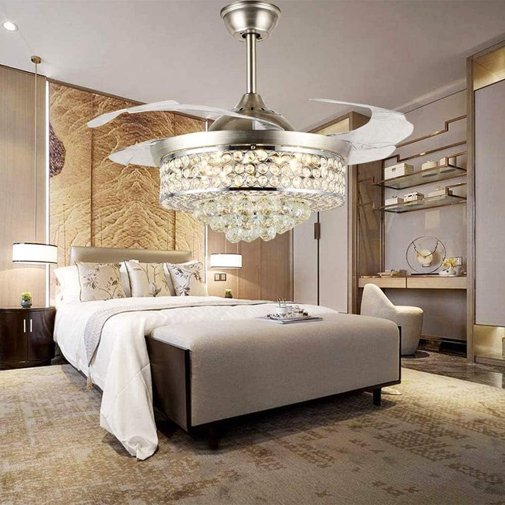 42" Crystal Ceiling Fan with Light Retractable Blades Brushed Nickel Modern LED Chandelier Remote 3 Colors 3 Speeds Change Silent Ceiling Fans Light